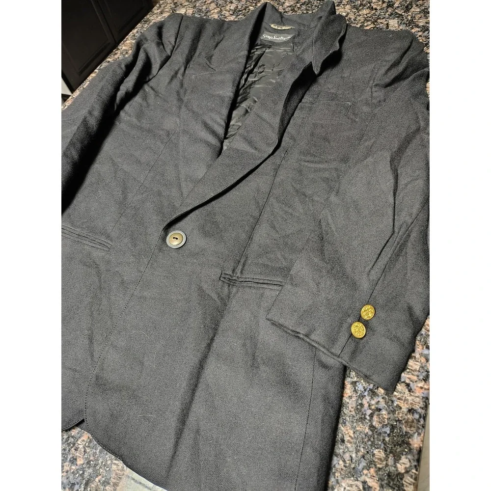 Giorgio Sant Angelo Mens Black 100% Pure Wool Blazer Gold Crest Button Jacket 12